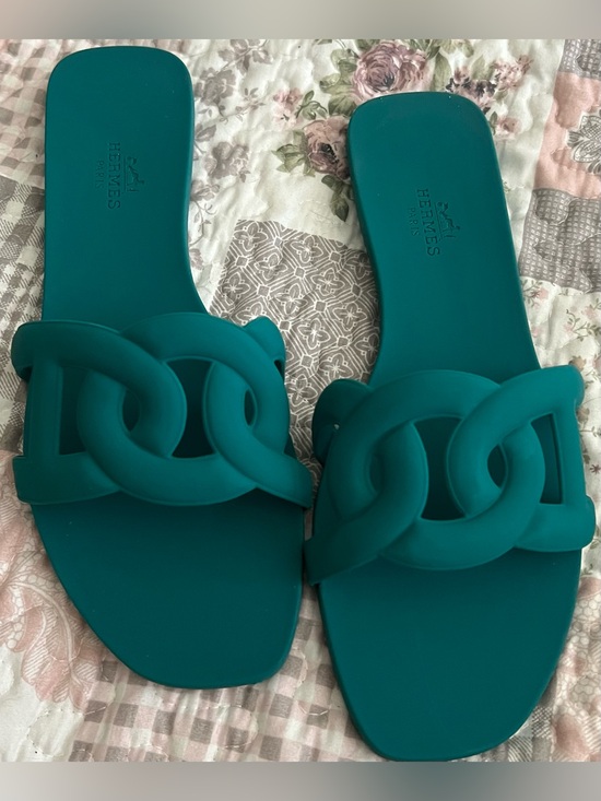 Hermes Shoes - Hermes Teal Chain-Link Slide Sandals